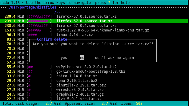 Ncdu asking for confirmation to delete a file.