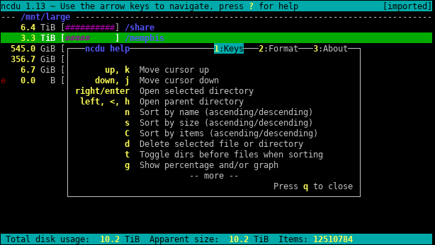 Ncdu help screen.