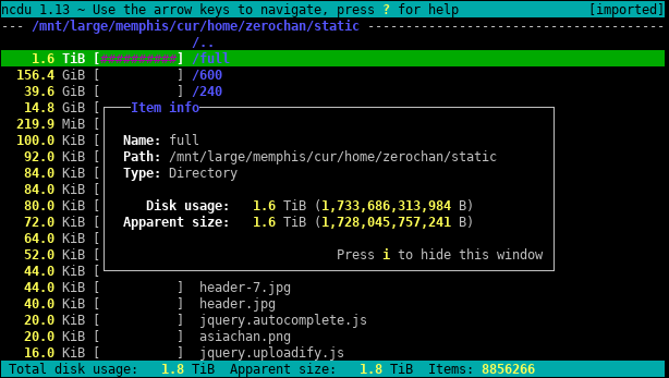 Ncdu displaying directory information.