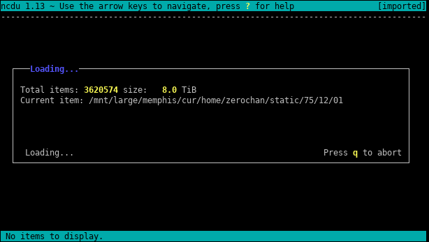 Ncdu scanning a large directory.